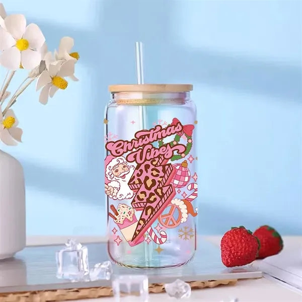 16oz Christmas Glass Cup with Bamboo Lid and Straws