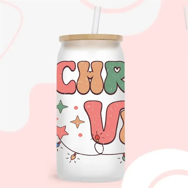 16oz Christmas Glass Cup with Bamboo Lid and Straws