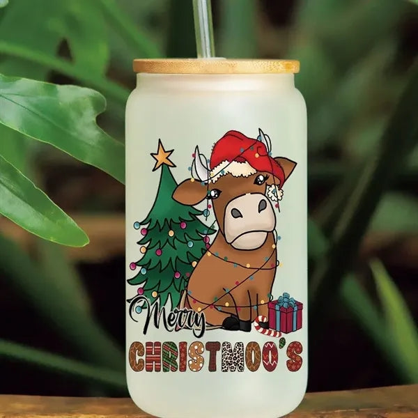 16oz Christmas Glass Cup with Bamboo Lid and Straws