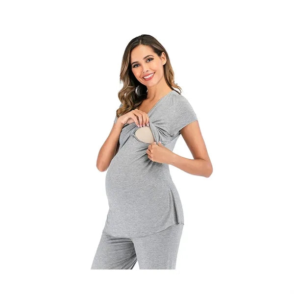 Postpartum V-Neck Pull-Aside Nursing Pajama Set Maternity