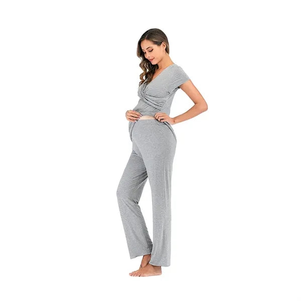 Postpartum V-Neck Pull-Aside Nursing Pajama Set Maternity