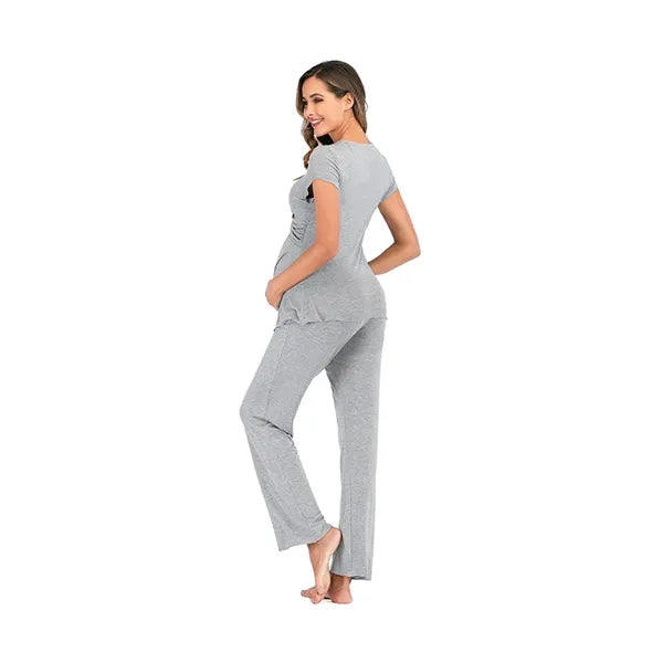 Postpartum V-Neck Pull-Aside Nursing Pajama Set Maternity
