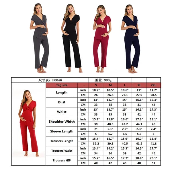 Postpartum V-Neck Pull-Aside Nursing Pajama Set Maternity