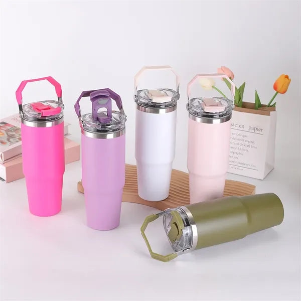 30oz Stainless Steel Tumbler with Straw Lid and Handle