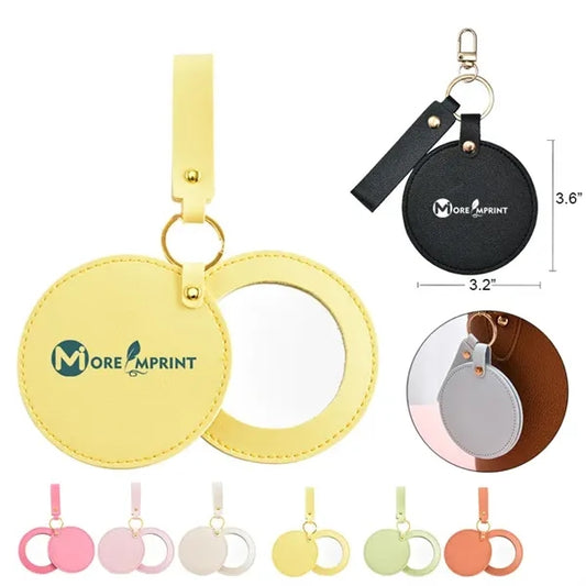 Rotating Round Makeup Pocket Mirror Keychains W/ PU Cover