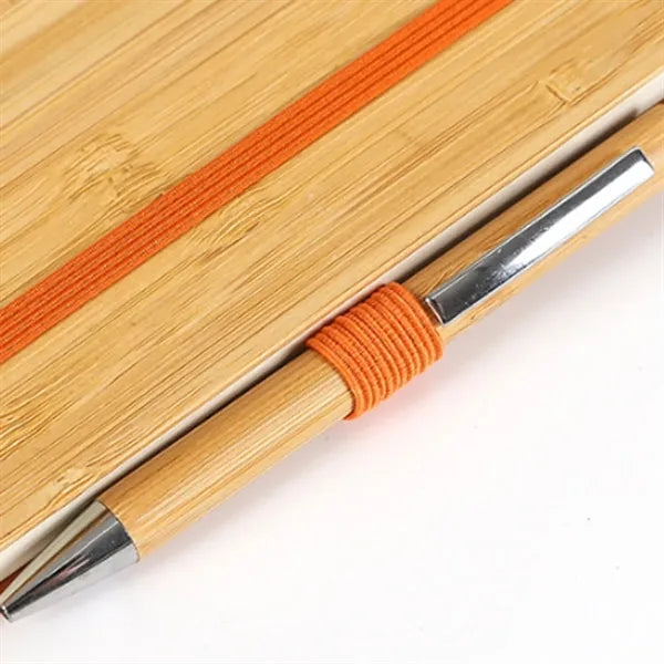Elastic Closure Bamboo Hard Cover Notebook with Pen Sleeve