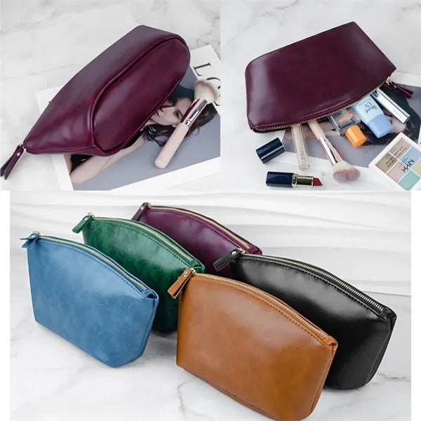 Leather Zipper Cosmetic Pouch Small Makeup Bag