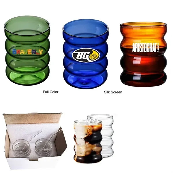10 oz Ripple Color Spiral Glass Cup Twisted Mug with Straw