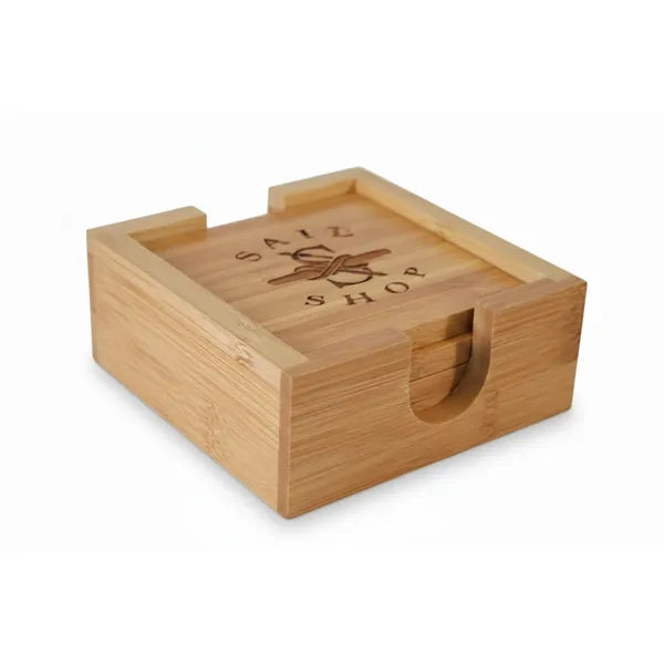 Engraved 4-Piece Bamboo Coaster Set with Holder