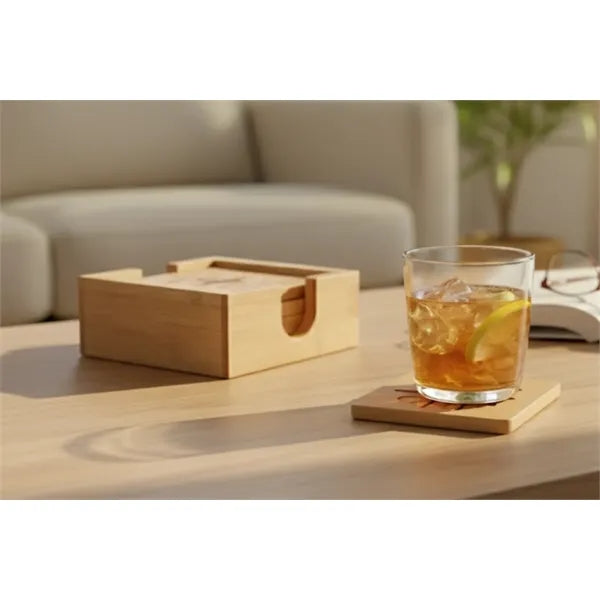 Engraved 4-Piece Bamboo Coaster Set with Holder
