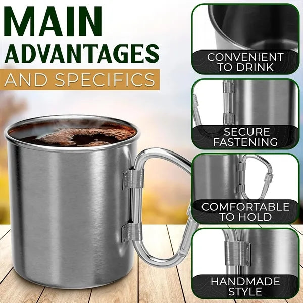 8 oz Stainless Steel Metal Camping Mug with Carabiner