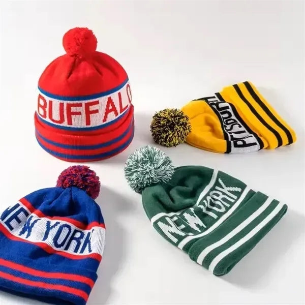 Winter Jacquard Knitted Beanie Hat With Pom