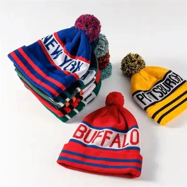 Winter Jacquard Knitted Beanie Hat With Pom