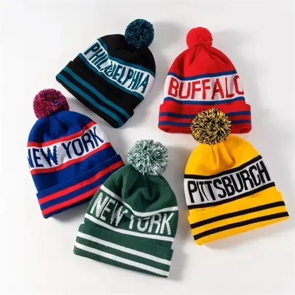 Winter Jacquard Knitted Beanie Hat With Pom