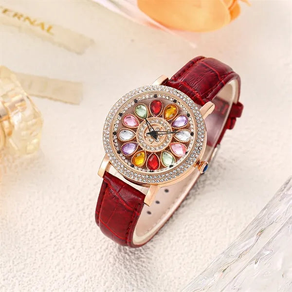 Rotating Large Dial Starry Rhinestone Leather Strap Watch