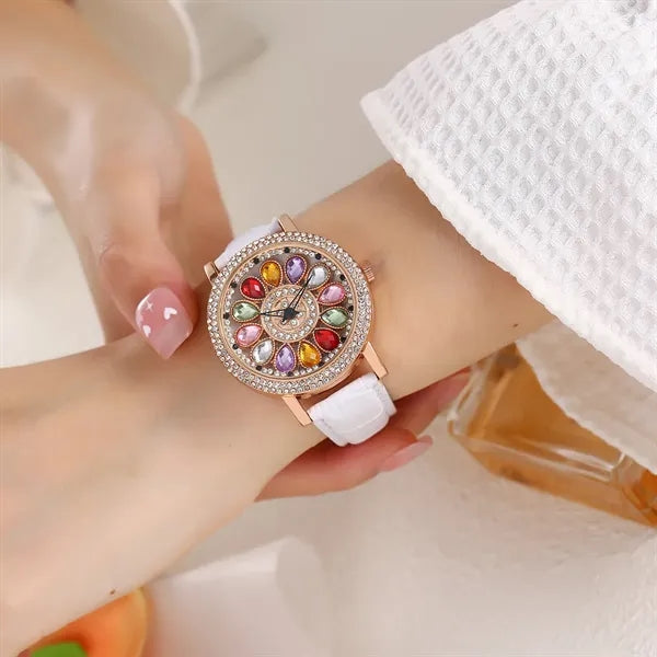 Rotating Large Dial Starry Rhinestone Leather Strap Watch