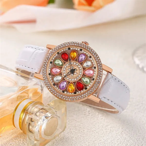 Rotating Large Dial Starry Rhinestone Leather Strap Watch