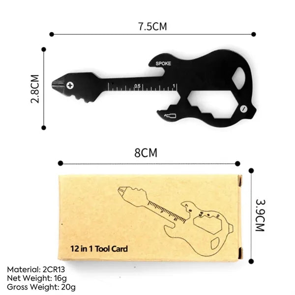 12-in-1 Guitar-Shaped Multi-Tool Card Keychain