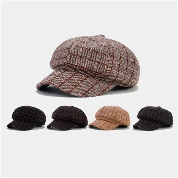 Autumn New British Checkered Octagonal Hat