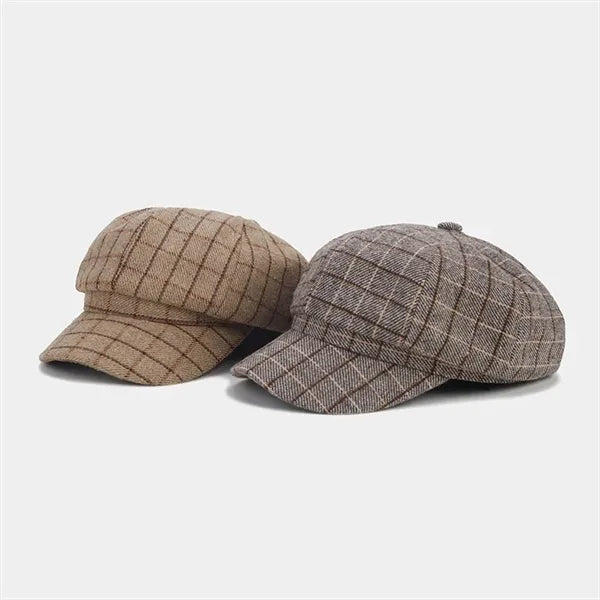 Autumn New British Checkered Octagonal Hat