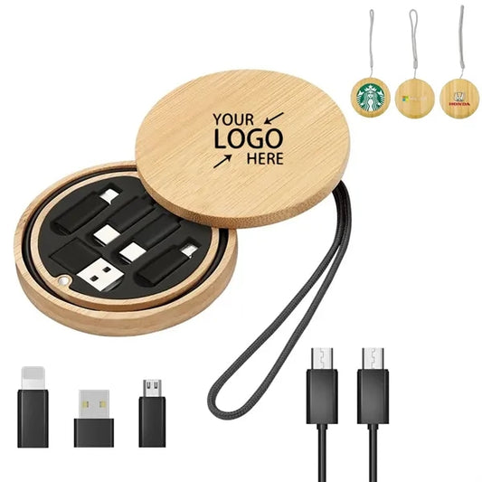 Round Bamboo Multi USB Charging Adapter Cable Kit