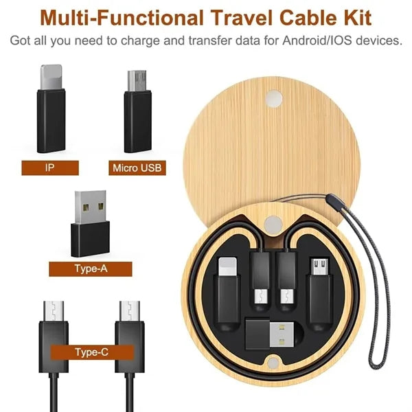 Round Bamboo Multi USB Charging Adapter Cable Kit
