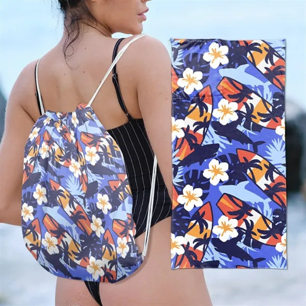 2 in 1 Microfiber Beach Towel Drawstring Backpack
