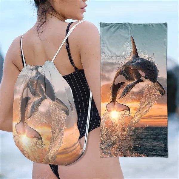 2 in 1 Microfiber Beach Towel Drawstring Backpack