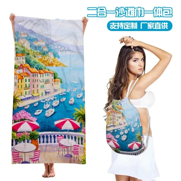 2 in 1 Microfiber Beach Towel Drawstring Backpack