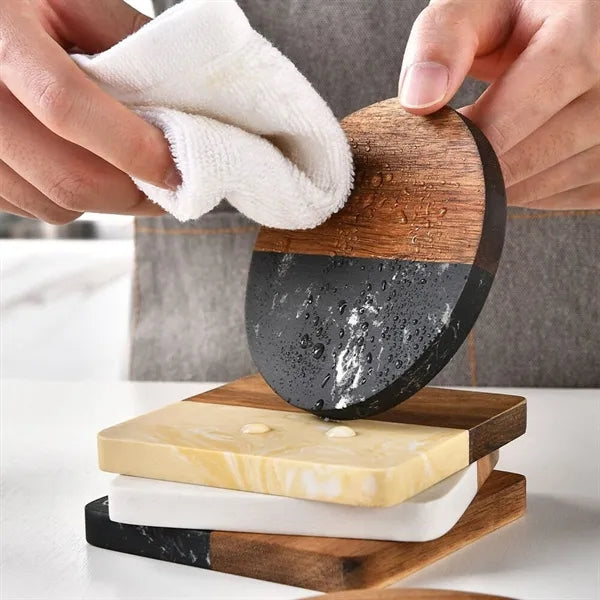 Marble and Bamboo Coaster Set with Rounded Corners