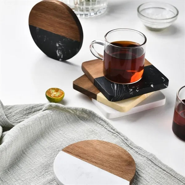 Marble and Bamboo Coaster Set with Rounded Corners