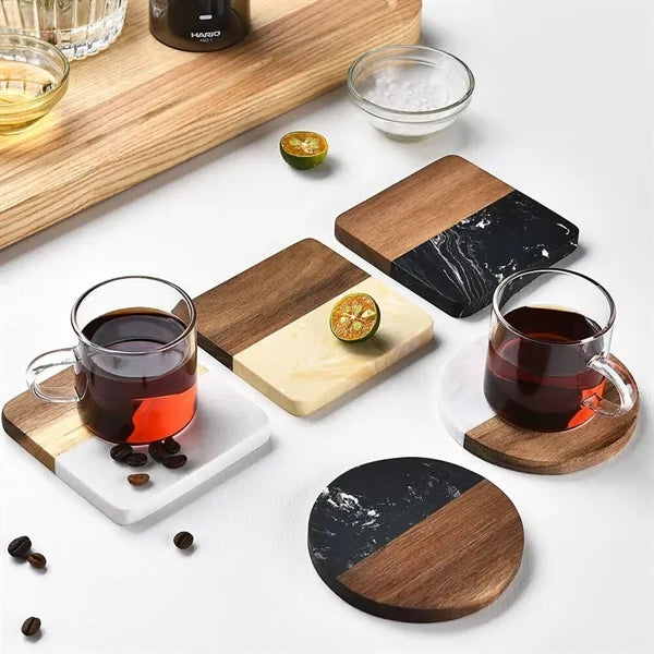 Marble and Bamboo Coaster Set with Rounded Corners