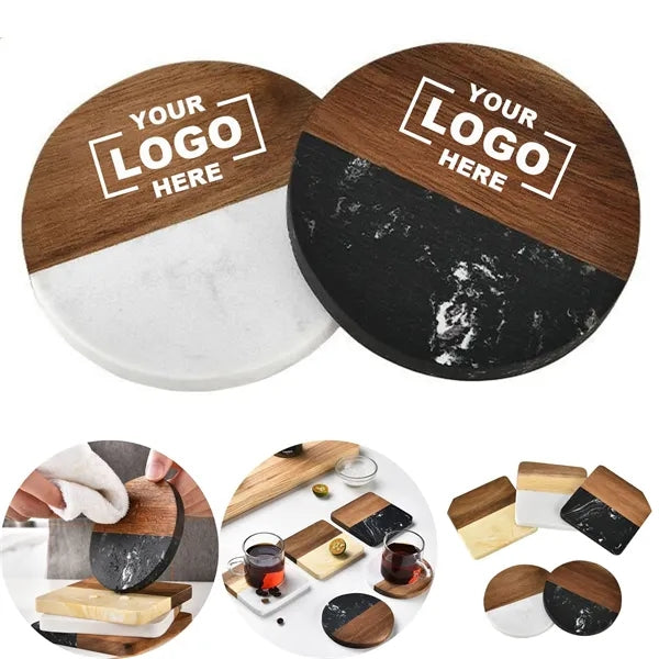 Marble and Bamboo Coaster Set with Rounded Corners