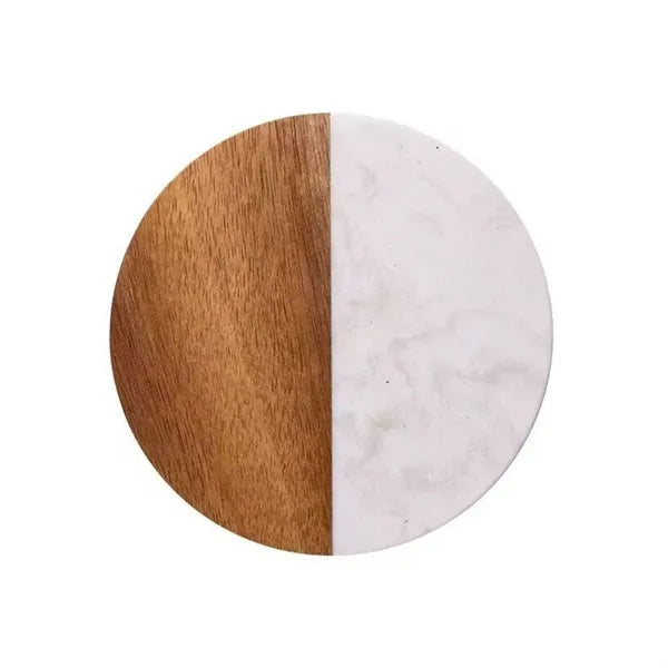 Marble and Bamboo Coaster Set with Rounded Corners