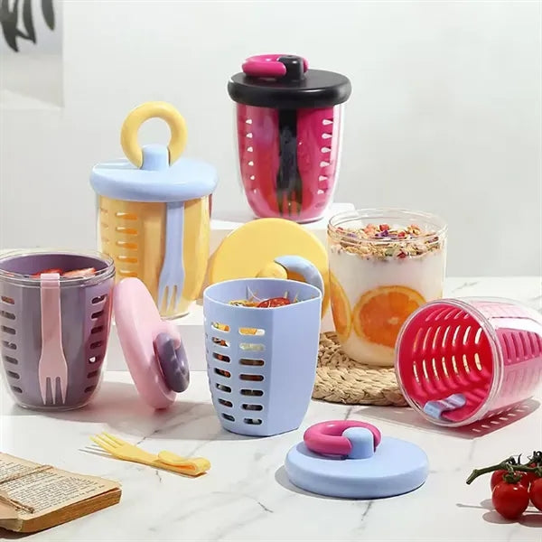 Portable Salad Cup with Built in Fork and Strainer Lid