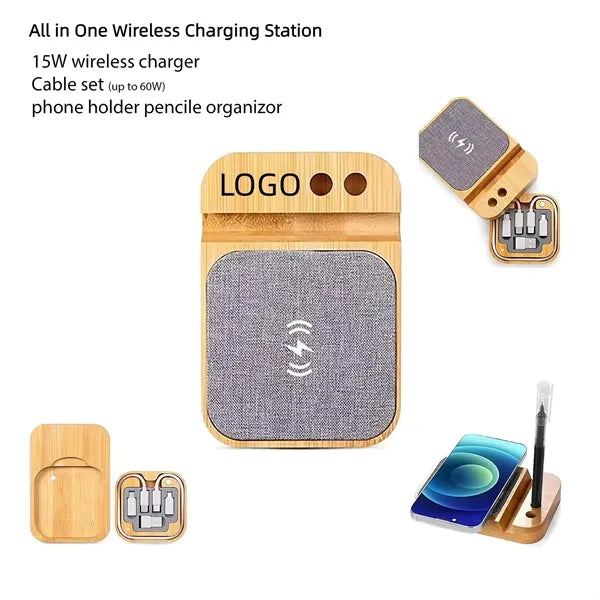 All in One 15W Bamboo Wireless Charging Station
