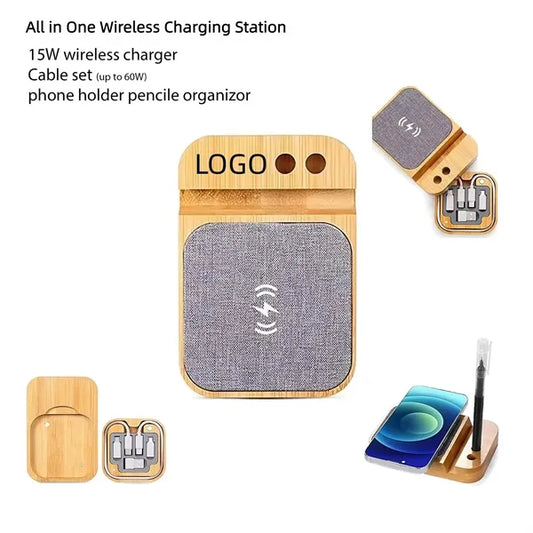 All in One 15W Bamboo Wireless Charging Station