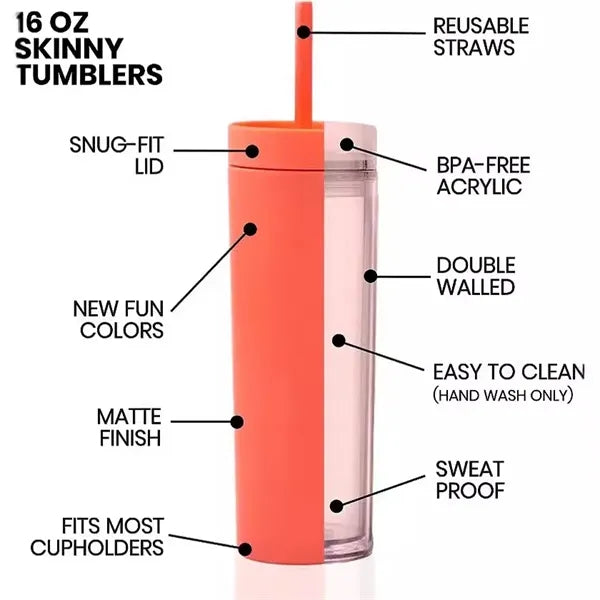 16oz Double Wall Straight Plastic Water Bottle with Straw