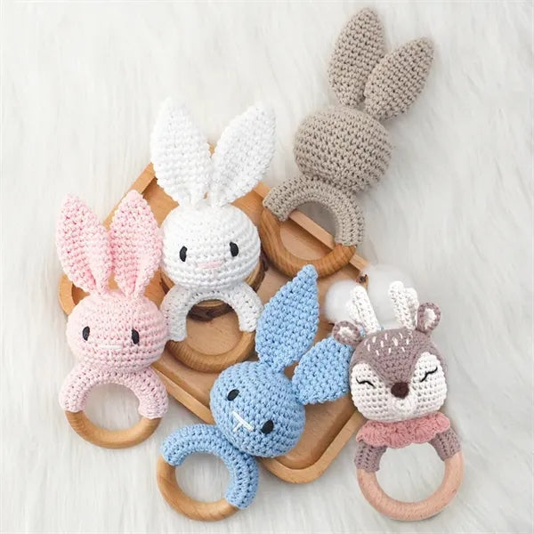 Handmade Crochet Animal Wooden Baby Rattle