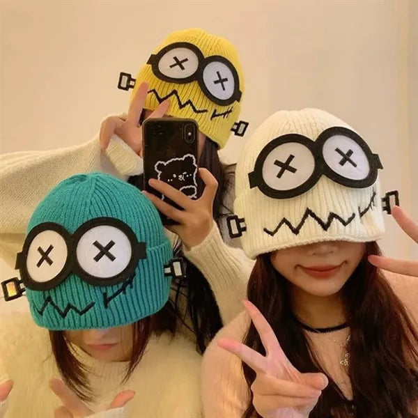 Funny Fault Robot Big Eye Knit Beanie For Women Winter Warm