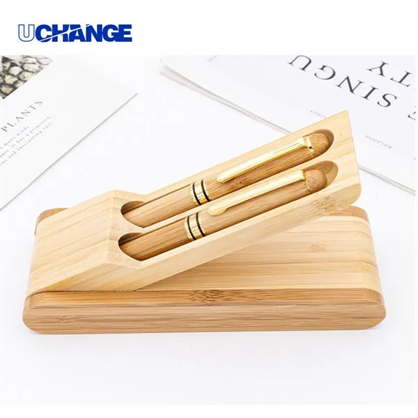Bamboo Rollerball Pen Gift Set with Hinged Wood Box