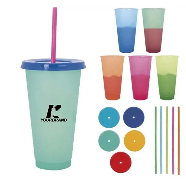 24oz Plastic Color Changing Tumbler with Lids and Straws