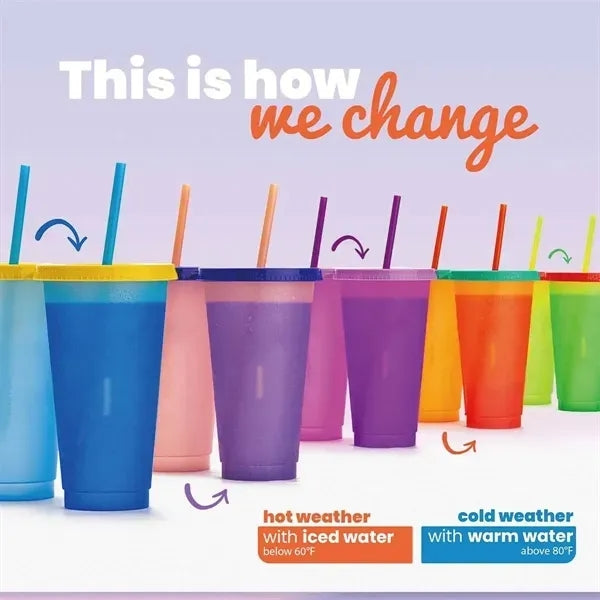 24oz Plastic Color Changing Tumbler with Lids and Straws