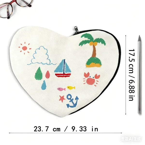 Heart Shaped Cotton Pencil Bag Zipper Pouch