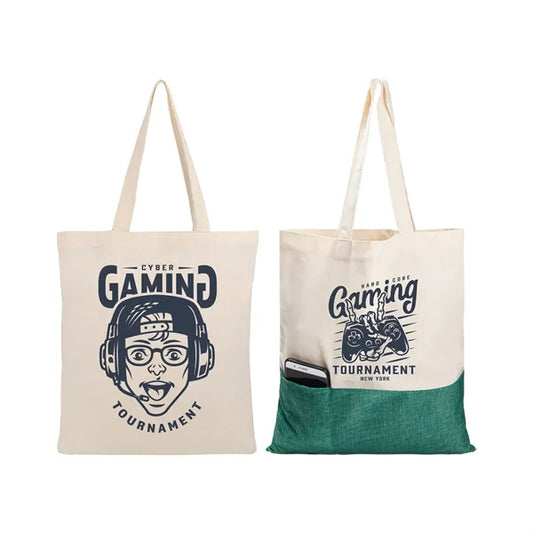 Two-Tone Cotton/ Burlap Tote with Pocket