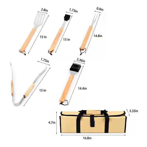 5Pcs BBQ Grill Tools Set with Wooden Handles