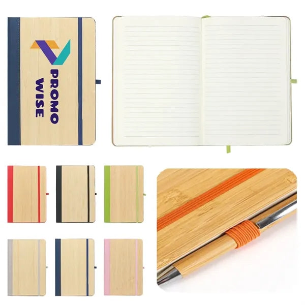 Elastic Closure Bamboo Hard Cover Notebook with Pen Sleeve