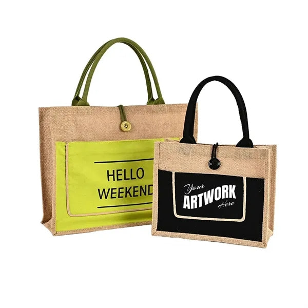 Two Tone Cotton Pocket Jute Tote Bag W11.8" x H9.8" x D5.1"
