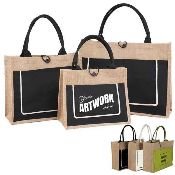 Two Tone Cotton Pocket Jute Tote Bag W18" x H13.7" x D5.5