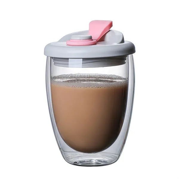 Double Wall Clear Glass Coffee Mug with Lid